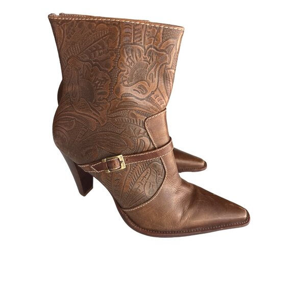 Worthington Brown Leather Pokus Embossed Pointed Toe 4”High Heel Boots 9.5 - Picture 1 of 12